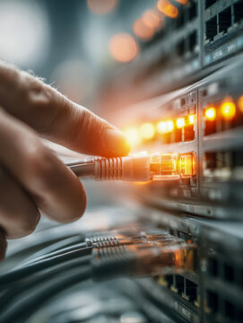 Hand connecting an ethernet cable to a network switch with illuminated ports representing data transfer and connectivity in modern communication systems