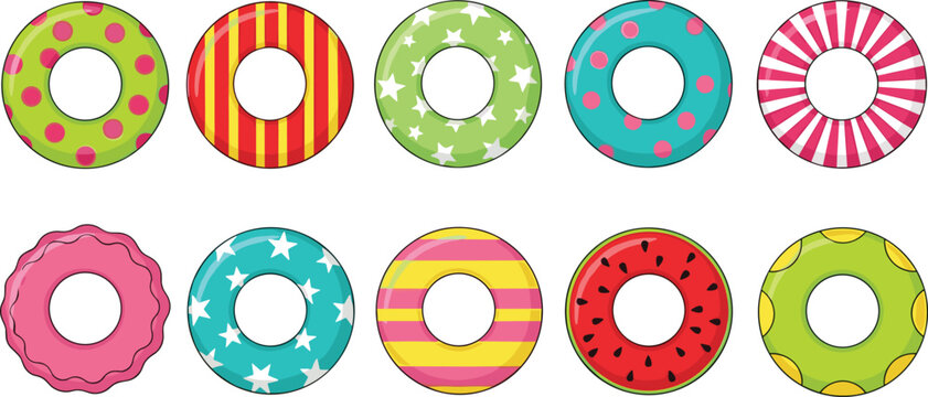 Colorful inflatable swim ring collection with watermelon stars stripes and polka dot patterns for summer pool party vector illustration isolated.