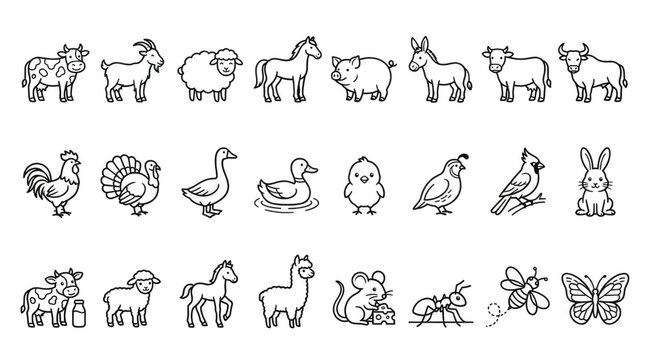 Farm animals and insects line art collection simple white outline design against black background cartoon style kids illustration