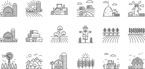 Agricultural farming line icon set with barn tractor windmill scarecrow hay bales and crop fields for rural industry vector isolated. © Shefali