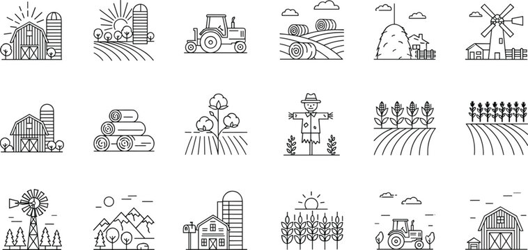 Agricultural farming line icon set with barn tractor windmill scarecrow hay bales and crop fields for rural industry vector isolated.
