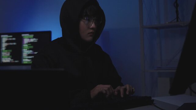 Hacker in data security concept. Hacker front of his computer committing digital cybercrime. Cyber security.  Hacking the Internet. Cyber attack.