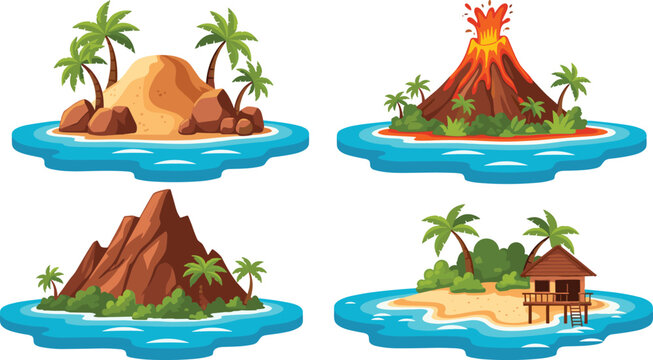 Tropical island vector set featuring an erupting volcano sandy beach with palm trees mountain peaks and summer bungalow isolated.