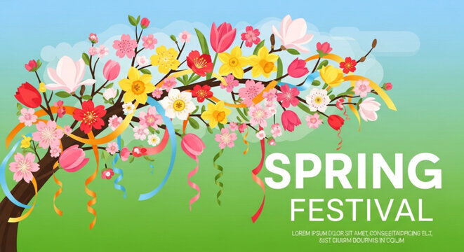 Vibrant spring festival tree illustration with blooming tulips daffodils and cherry blossoms adorned with colorful ribbons symbolizing renewal joy and celebration