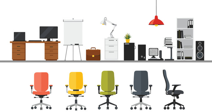 Modern office furniture set including ergonomic chairs desks computers whiteboards and storage cabinets for professional workspace vector illustration isolated.