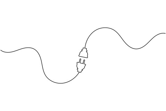 Electric plug and socket continuous one line outline vector icon