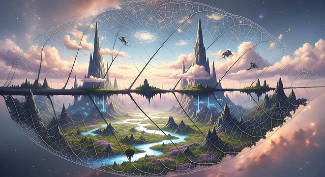 Giant transparent leaf vein map of impossible dream landscape