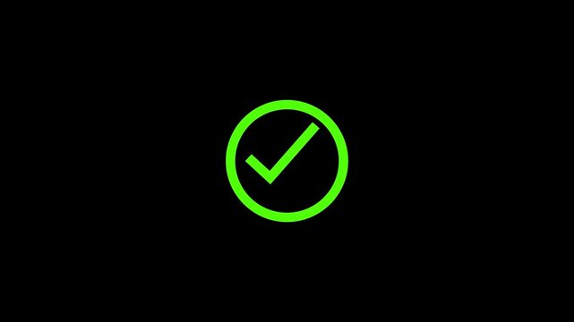 A vibrant glowing neon green checkmark is centered within a circular frame set against a stark black background signifying approval high quality