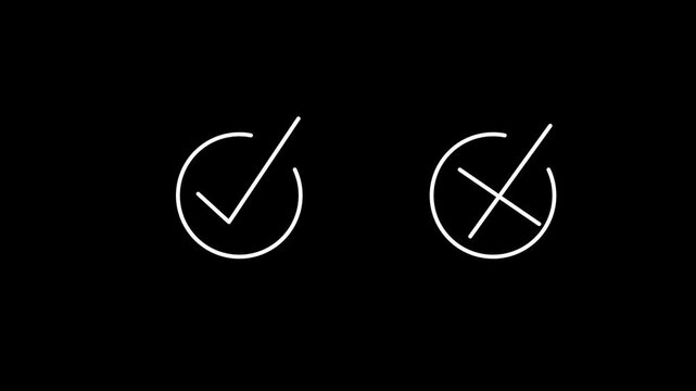 A stark black background displays two white circular symbols one with a checkmark indicating approval and another with an x signifying disapproval