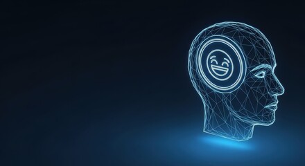 Obraz premium Digital Head Wireframe With Happy Emoji Inside Concept of Artificial Intelligence and Joyful Thought