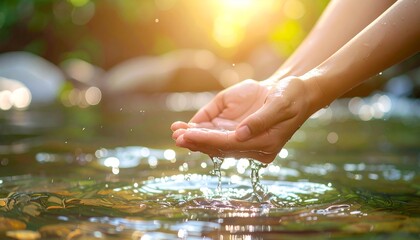 川の水を手ですくう