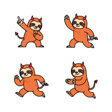 Cartoon sloth in devil costume dancing and having fun with copy space