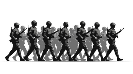 Obraz premium Silhouette of a military unit marching in formation with rifles against a white background with shadows.