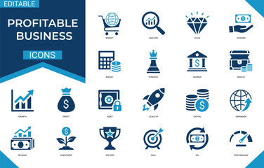 Profitable business solid icon set featuring profit, revenue, growth, success, finance, investment, and money. Professional vector set for corporate branding.
