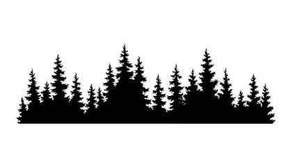 Fir trees silhouette. Coniferous spruce horizontal background pattern, black evergreen woods vector illustration. Beautiful hand drawn panorama of coniferous forest © designer_things