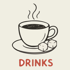 Steaming Hot Coffee Cup with Sugar Cubes on Saucer, Warm Beverage Morning Drink