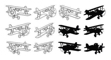 Collection of cartoon biplanes in various poses and silhouettes © Nayem