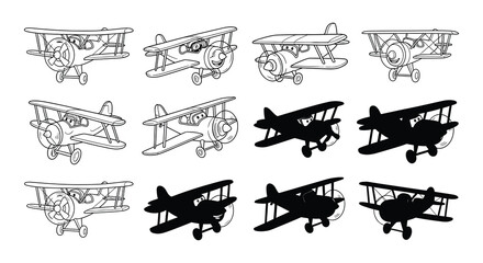Collection of cartoon biplanes in various poses and silhouettes © Nayem