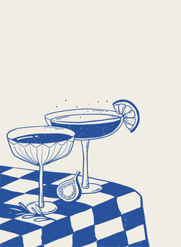 Monochrome blue line art illustration in vintage style for cafe branding, packaging, posters, cards, banners, prints with wine glasses on a checkered background. EPS 10