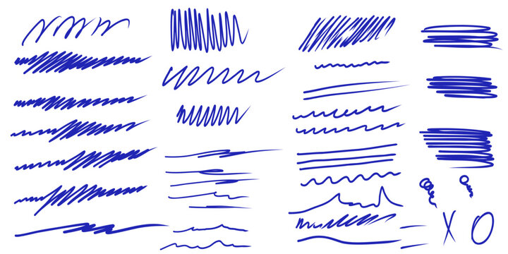 Messy textured blue line scribbles and anti-design doodles vector illustration set isolated on white background. Messy pen scratch scribble doodle elements in blu