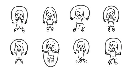 Black and white line drawing of a girl jumping rope and various icons © Nayem