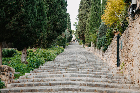 El Calvari staircase leading to chapel in Pollen&ccedil;a, Mallorca, Spain