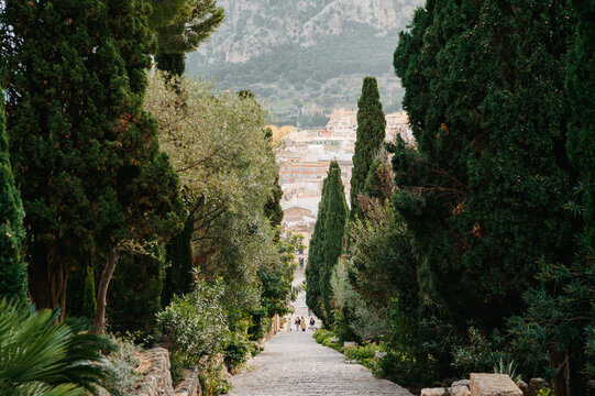 View down El Calvari steps toward Pollen&ccedil;a town, Mallorca
