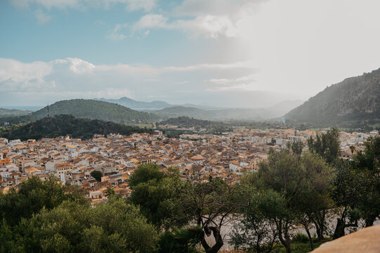Wide panorama of Pollen&ccedil;a town and valley from Mirador des Calvari