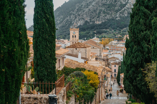 View down Calvari steps toward Pollen&ccedil;a old town, Mallorca