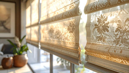 A sunlit room featuring elegantly patterned blinds with a touch of greenery and decor