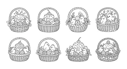 Charming collection of hand drawn easter baskets with chicks and eggs © Nayem
