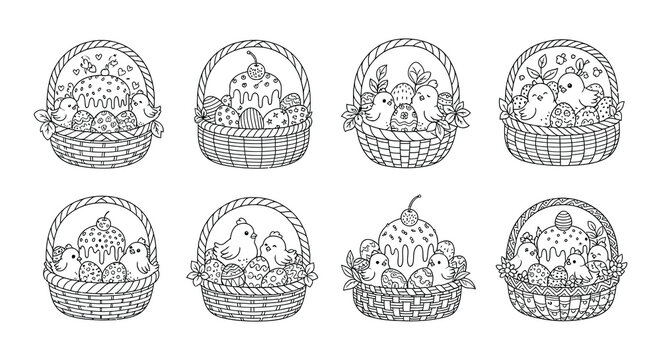 Charming collection of hand drawn easter baskets with chicks and eggs