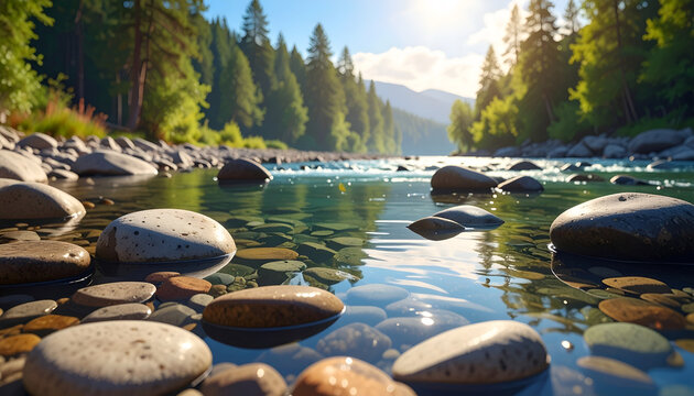 A serene riverside view featuring smooth stones beneath crystal-clear water and lush trees
