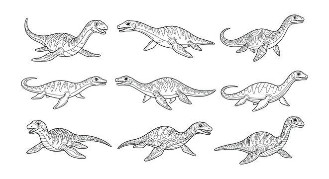 Variety of mosasaurs and plesiosaurs in a black and white illustration