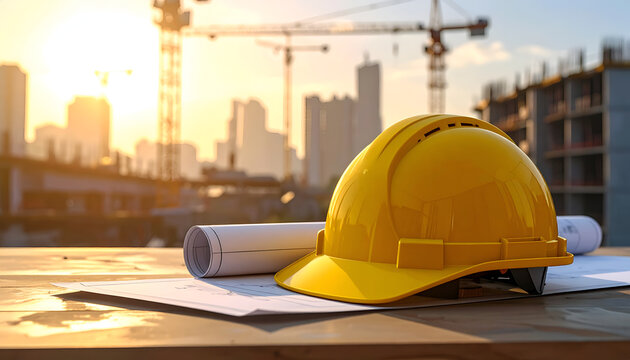 A bright yellow hard hat rests on blueprints with construction cranes silhouetted at sunset