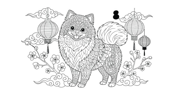 Intricate line art illustrations of pomeranian dogs in various poses