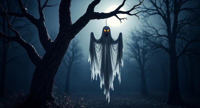 Eerie Pixelated Ghost Hanging from Tree in Dark Atmospheric Night