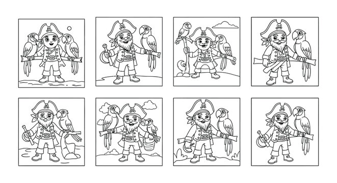 Collection of pirate characters with parrots in various poses line art