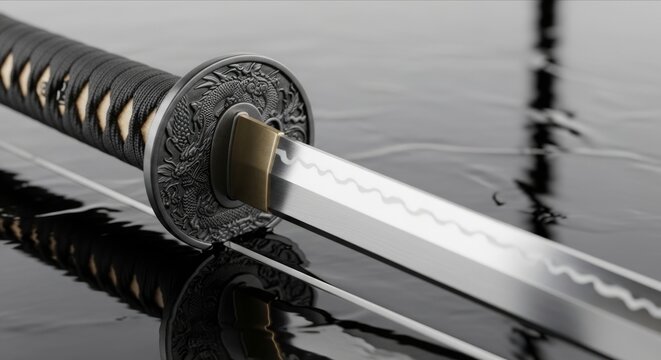 Elegant Katana with Detailed Tsuba Resting on Reflective Surface