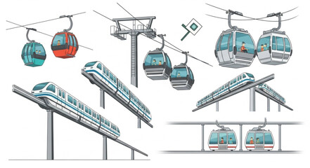 Various illustrations of cable cars and monorail transportation systems in different styles. © Roki