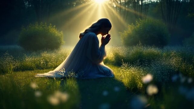 Tranquil video footage captures a spiritual figure kneeling in prayer amidst a luminous sunlit field, showcasing serene meditation and profound contemplation at dawn or dusk.