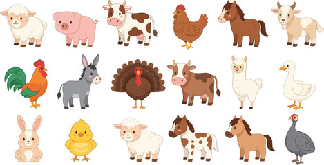 Fototapeta premium Vector collection of cute farm animals featuring sheep pig cow horse goat donkey turkey chicken duck and rabbit characters isolated on white for children nursery design.