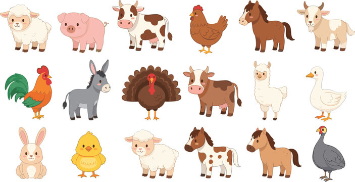 Vector collection of cute farm animals featuring sheep pig cow horse goat donkey turkey chicken duck and rabbit characters isolated on white for children nursery design.