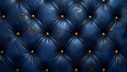 Fototapeta premium A textured blue leather surface with golden buttons and a quilted pattern, showcasing wear