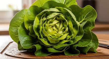Obraz premium Fresh head of crisp green romaine lettuce displayed on a wooden surface