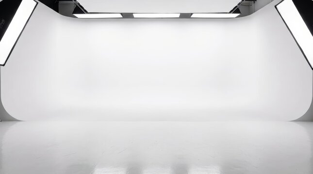 Blank white studio background with professional lighting equipment