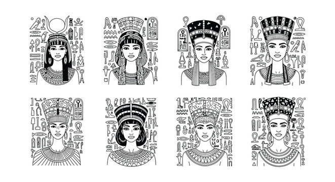 Two symmetrical depictions of an egyptian queen in ornate headdress