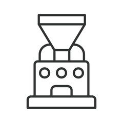 Obraz premium Coffee roaster icon in line design. coffee roaster, bean roasting, cafe industry, roasting drum, barista roaster, coffee production, roasting unit. White background vector. Editable stroke icon