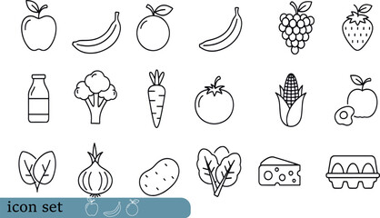 Print Minimalist Fresh Foods and Ingredients Icon Set Featuring Fruits Vegetables Dairy Products and Organic Produce © Rahim