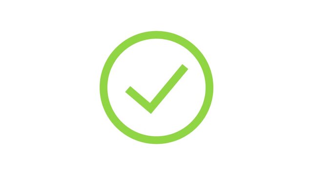 2D Animation green check mark icon. Animated tick, correct sign. Yes, choice, success, approved symbol. Isolated on a white background. For apps, projects, presentations, businesses, etc.